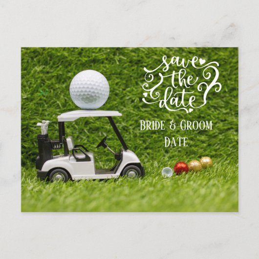 Golf Save the Date golf cart and ball on green Briefkaart (Voorkant)