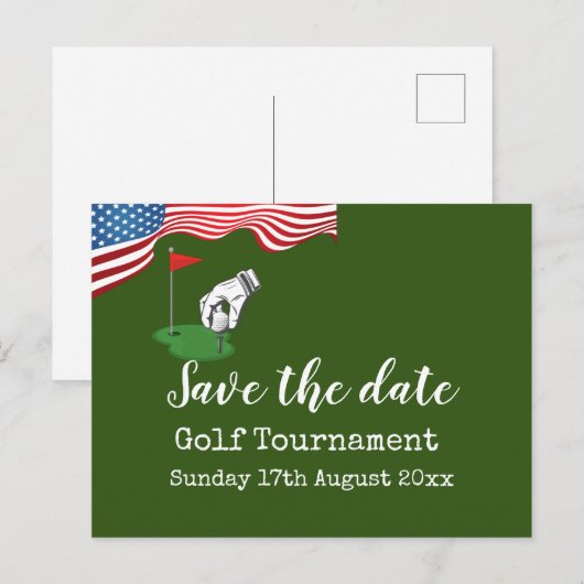 Golf Save the date Golf Tournament with U.S.A.flag Aankondigingskaart (Voorkant / Achterkant)