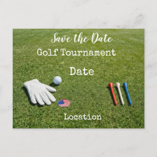 Golf Save the Date met golfbal & Amerikaanse vlag Briefkaart