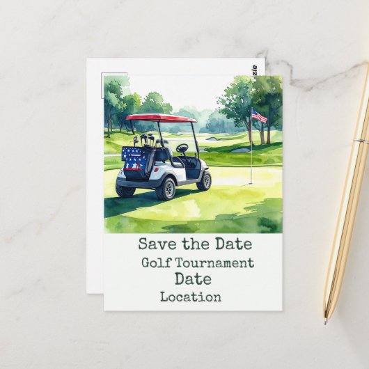 Golf Save the Date met golfbal & Amerikaanse vlag Briefkaart (Voorkant / Achterkant in situ)