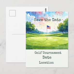 Golf Save the Date met golfbal & Amerikaanse vlag Briefkaart