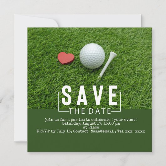 Golf save the date met golfbal en hart van rode kl kaart (Voorkant)