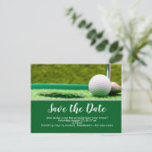 Golf save the date met golfbal en putter briefkaart (Staand voorkant)