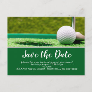 Golf save the date met golfbal en putter briefkaart