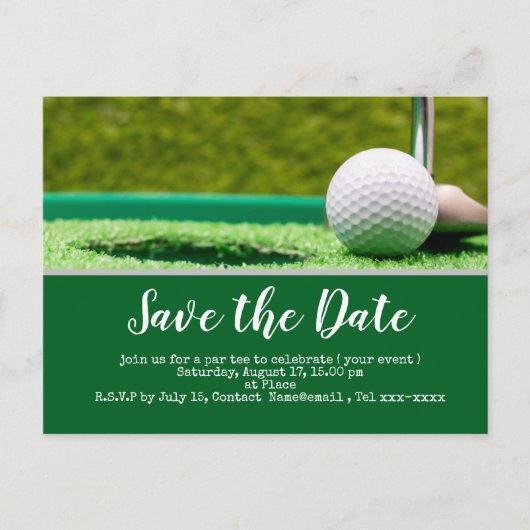 Golf save the date met golfbal en putter briefkaart (Voorkant)