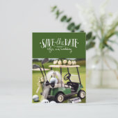 Golf Save the Date met golfkar op groen Briefkaart (Staand voorkant)