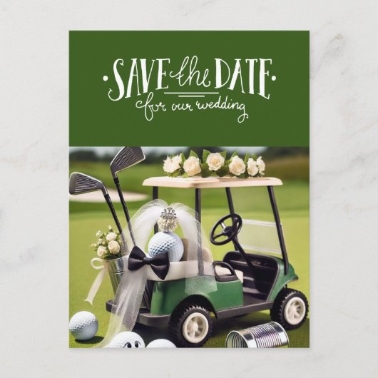 Golf Save the Date met golfkar op groen Briefkaart (Voorkant)