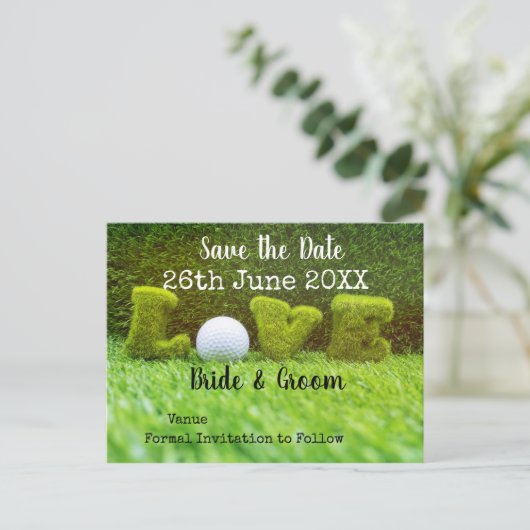 Golf Save the date of bruiloft with golf ball Uitnodiging Briefkaart (Staand voorkant)