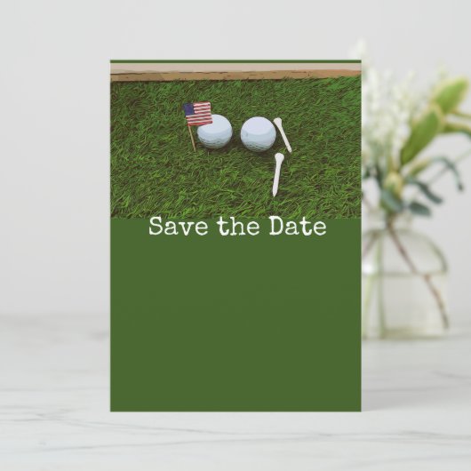 Golf Save the date with American flag and golf bal Kaart (Staand voorkant)