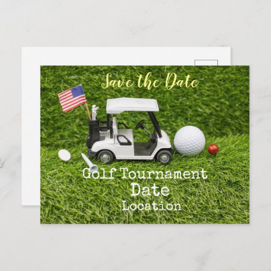 Golf Save the Date with golf ball & American flag Briefkaart (Voorkant / Achterkant)