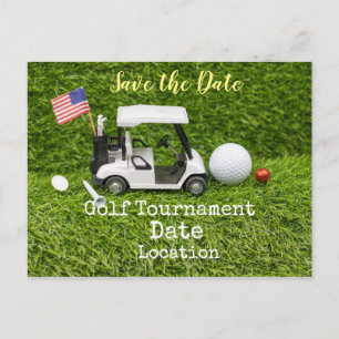 Golf Save the Date with golf ball & American flag Briefkaart