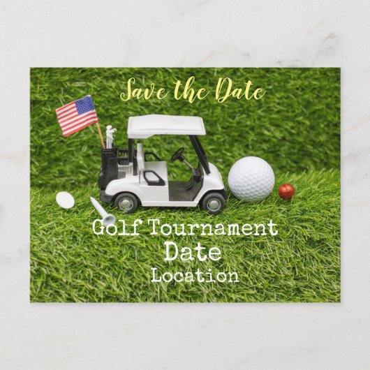 Golf Save the Date with golf ball & American flag Briefkaart (Voorkant)