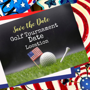 Golf Save the Date with golf ball & American flag Briefkaart
