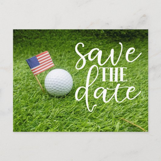 Golf Save the date with golf ball and U.S.A.flag Briefkaart (Voorkant)