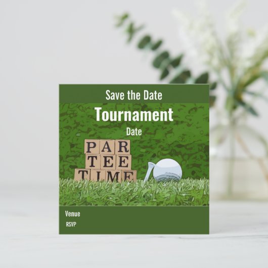 Golf Save the Date with golf ball party par t-shir (Staand voorkant)