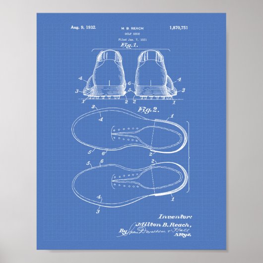 Golf Shoe 1932 Patent Art - Blauwdruk Poster (Voorkant)