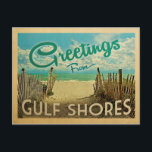 Golf Shores Beach Vintage Travel Briefkaart<br><div class="desc">Deze groeten van het  briefkaart Gulf Shores hebben een zandstrand met een mooi oceaanwater van turquoise en boven het zee,  een blauwe hemel met blauw witte wolken. In de klassieke reisstijl.</div>