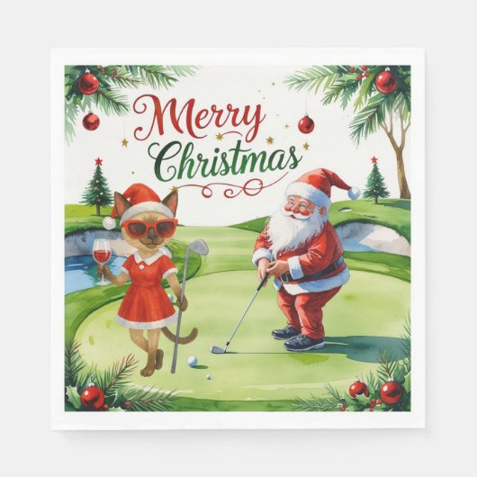 Golf Siamese Cat bevindt zich op de Christmas Golf Servet (Voorkant)