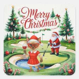 Golf Siamese Cat bevindt zich op de Christmas Golf Vierkante Sticker