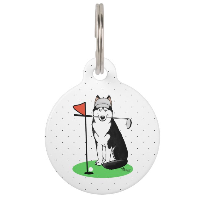 Golf Siberische Husky (zwart) Hond Speelt Schattig Huisdierpenning (Voorkant)
