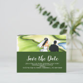 Golf slaat de datum op met golfer bride en groom briefkaart (Staand voorkant)