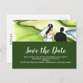 Golf slaat de datum op met golfer bride en groom briefkaart (Voorkant / Achterkant)