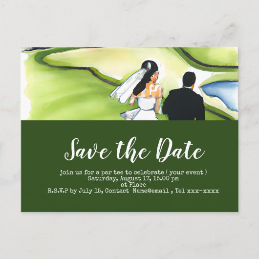 Golf slaat de datum op met golfer bride en groom briefkaart (Voorkant)