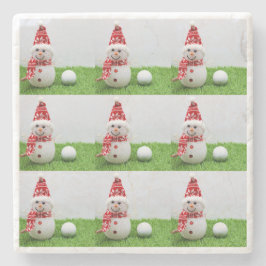 Golf Snow-Man met golfbal op groene kerst Stenen Onderzetter