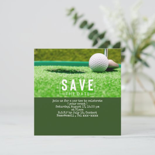 Golf sparen de datum golfbal die gat in één zetten kaart (Staand voorkant)