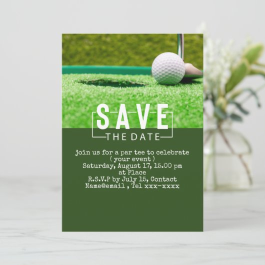 Golf sparen de datum golfbal die gat in één zetten kaart (Staand voorkant)