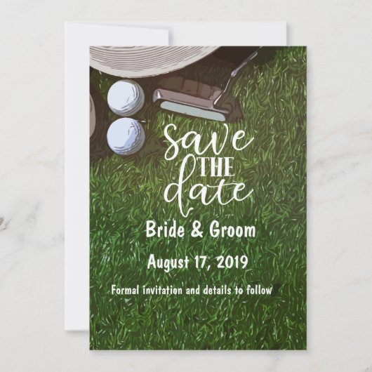 Golf sparen de datum met bal op groen save the date (Voorkant)