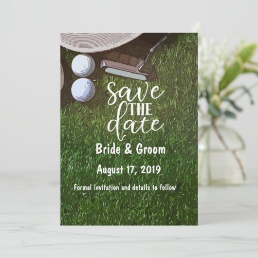Golf sparen de datum met bal op groen save the date (Staand voorkant)