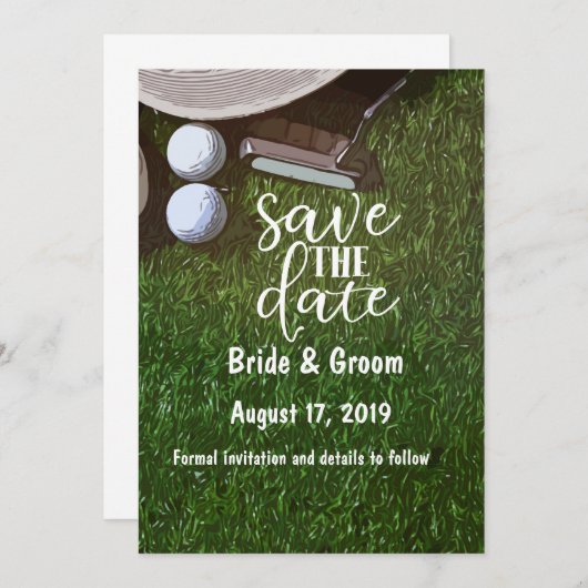 Golf sparen de datum met bal op groen save the date (Voorkant / Achterkant)