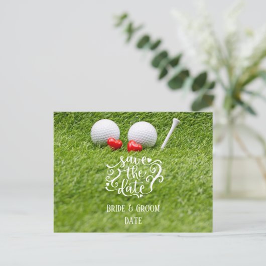 Golf sparen de Datum met golfbal en t-shirt op gro Briefkaart (Staand voorkant)