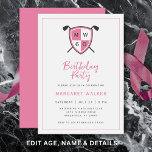 Golf Stylish 60th Adult Birthday Party Modern Pink Kaart<br><div class="desc">Celebrate her milestone in elegant golf style with this modern 60th birthday invitation featuring a personalized crest and crossed golf clubs. The refined palette of light gray, soft pink, and charcoal creates a stylish, feminine take on a classic golf theme—perfect for a golf club celebration, country club dinner, or birthday...</div>