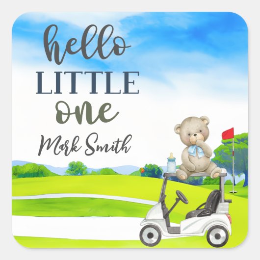 Golf Teddy Bear Boy voor Baby shower Vierkante Sticker (Voorkant)