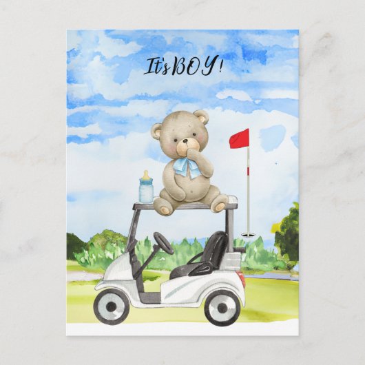 Golf Teddy Bear Het is Jongen voor Baby shower Inv Briefkaart (Voorkant)