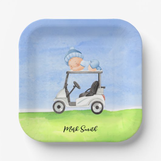 Golf Teddy Bear Het is Jongen voor Baby shower Papieren Bordje (Voorkant)