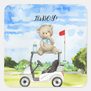 Golf Teddy Bear Het is Jongen voor Baby shower Vierkante Sticker