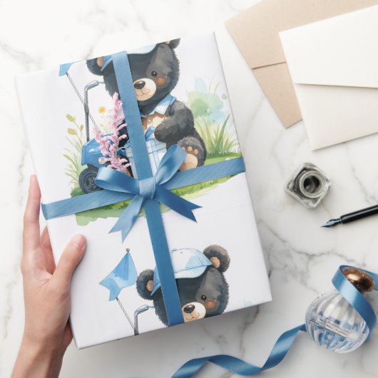 Golf teddybeer met golfkar op green cadeaupapier (Geschenken)