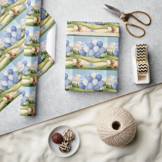 Golf teddybeer met golfkar op green cadeaupapier (Crafts)