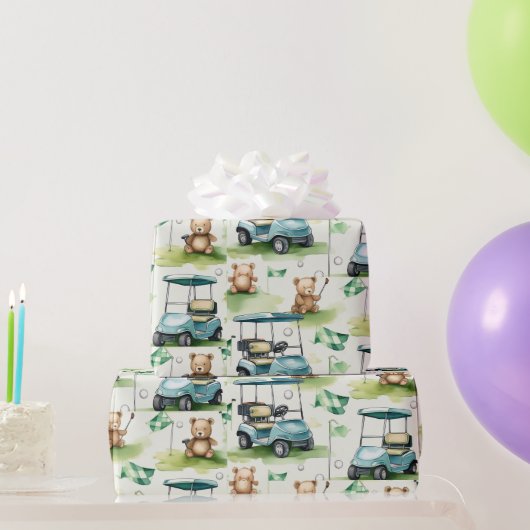 Golf teddybeer met golfkar op green cadeaupapier (Feestgeschenken)