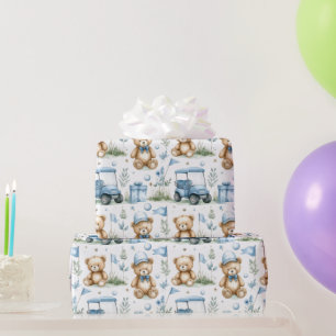 Golf teddybeer met golfkarretje op green cadeaupapier