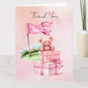 Golf teddybeer met roze cadeaudoos op groen bedankkaart