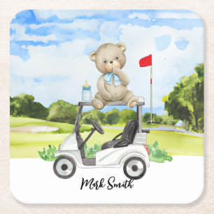 Golf Teddybeer op Golfkar voor Baby Golfer Kartonnen Onderzetters