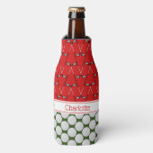 Golf thema patroon aangepaste naam rood groen flesjeskoeler (Fles Voorkant)