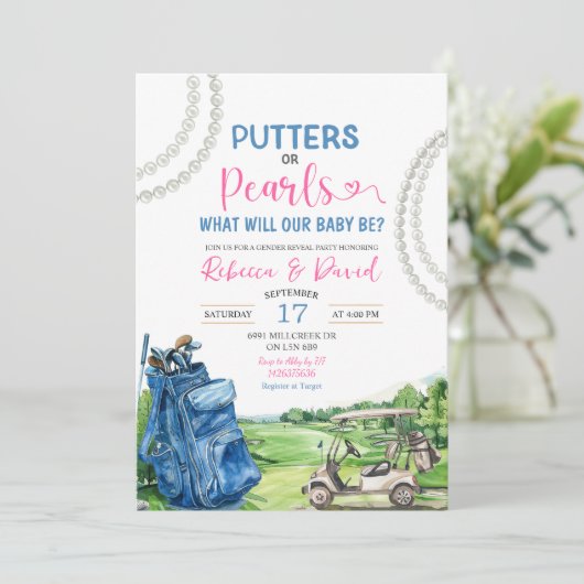 Golf Thema Putters of Parels Gender Reveal Party Kaart (Staand voorkant)