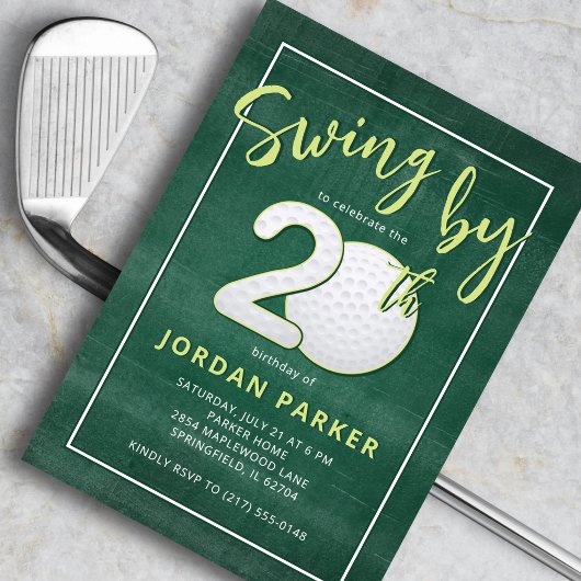 Golf Theme Swing By 20th Birthday Stylish Green Kaart