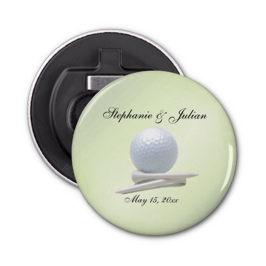 Golf Theme Wedding Green Names and Date Button Flesopener (Voorkant)