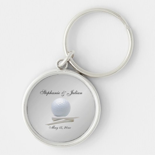 Golf Theme Wedding Silver Names and Date Sleutelha Sleutelhanger (Voorkant)